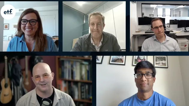 ETF Zoo: Mid-Year Check-In & the AI Trade That Won’t Quit Cinthia Murphy, Jeff Ptak, Dave Nadig, Sumit Roy, and Todd Sohn smile while talking on ETF Zoo
