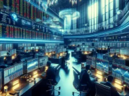 Top 5 ETFs Positioned to Benefit From the AI Power Demand Boom A high-energy stock trading floor scene with multiple traders in business attire working at computer stations, large LED screens on walls displaying real-time stock tickers in green and red, candlestick charts showing upward trends, holographic data proje