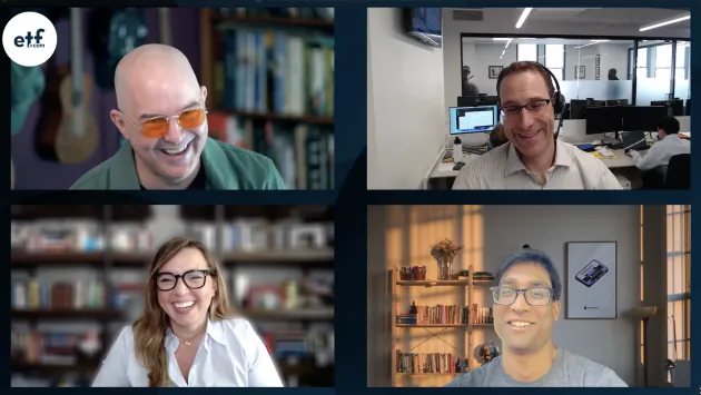 ETF Zoo: What Happens When Tech Eats the Entire Market? Dave Nadig, Cinthia Murphy, Todd Sohn, and Sumit Roy laugh together